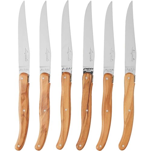  Jean Dubost JD97-13530 6 Steak Knives with Rustic Range Handles in a Box, Olive Wood
