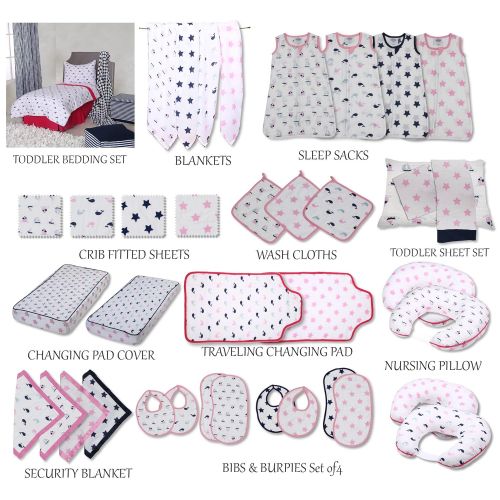  Bacati Nautical Whales/Boats/Stars Muslin 3pc Crib Set with 4 Layer Lux Muslin Dream Blanket (Girls Pink/Navy)