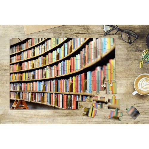  Lantern Press Colorful Curved Bookshelf in Library Photography A-90969 (8x12 Premium Acrylic Puzzle, 63 Pieces)