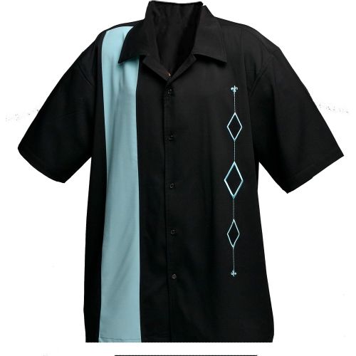  Designs by Attila Mens Retro Bowling Shirt, BIG & TALL sizes. AQUA and Black