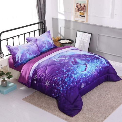  Wowelife Unicorn Twin Bedding 3D Purple Butterfly and Snowflake Kids Unicorn Theme 4 Piece Duvet Cover Set(Twin)