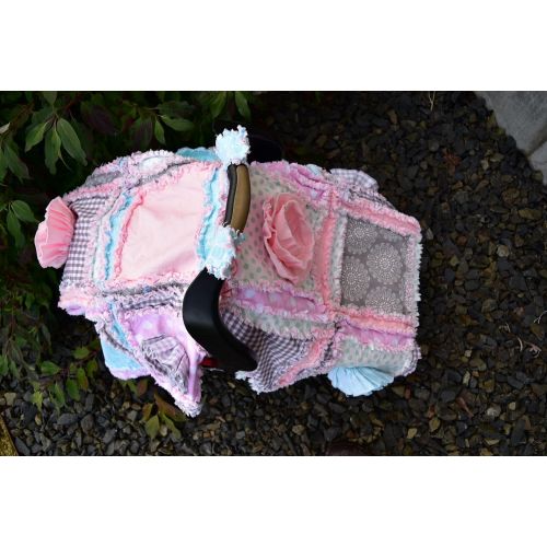  A Vision to Remember Baby Girl Car Seat Canopy with Ruffle Flowers - Mint  Gray  Pastel Pink