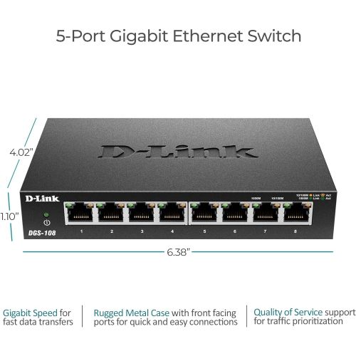  D-Link Ethernet Switch, 8 Port Gigabit Unmanaged Metal Fanless Desktop or Wall Mount Design (DGS-108)