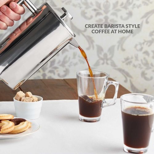  Andrew James French Press Kaffeebereiter aus Edelstahl 1000ml | Doppelwandige Isolierung | Inklusive Messloeffel und Integrierter Beutelclip | Kaffee Geschenk-Set