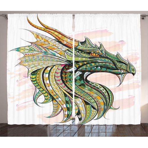  Ambesonne Fantasy World Decor Curtains, Illustration of Three Headed Fire Breathing Dragon Large Monster Gothic Theme, Living Room Bedroom Decor, 2 Panel Set, 108 W X 84 L inches,