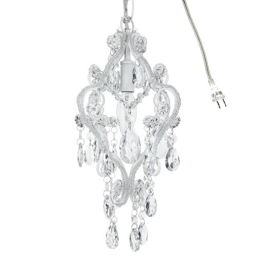  Amalfi Decor Tiffany Mini White 1 Light Chandelier, Small Crystal Beaded Plug-in Swag Nursery Pendant Lighting Fixture Girls Room Lamp