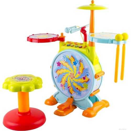  [아마존베스트]WolVol Electric Big Toy Drum Set for Kids with Movable Working Microphone to Sing and a Chair - Tons of Various Functions and Activity, Bass Drum and Pedal with Drum Sticks (Adjust
