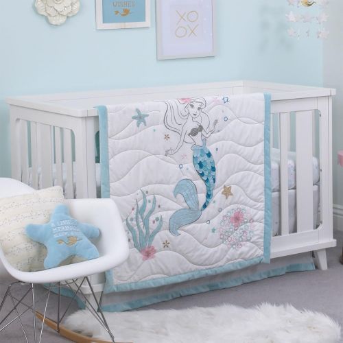 디즈니 Disney Ariel Sea Princess 3 Piece Crib Bedding Set, BlueWhiteGoldPink