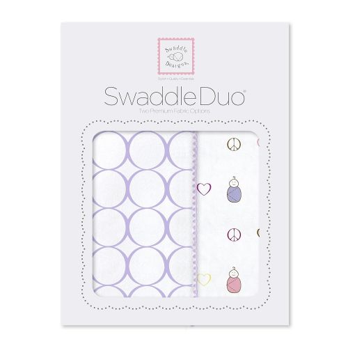  SwaddleDesigns SwaddleDuo, Set of 2 Swaddling Blankets, Cotton Marquisette + Premium Cotton Flannel, Lavender Mod Peace Love Duo