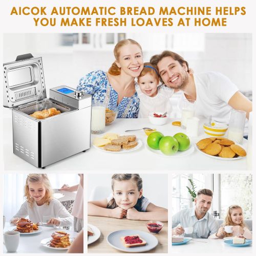  AICOK Custom Loaf Bread Maker, Aicok 25 Programs Gluten Free Bread Machine with One-Knob-Operation, Large-Sized LED Display, Visual Menu, Removable Fruit and Nut Dispenser, Fully Stainle