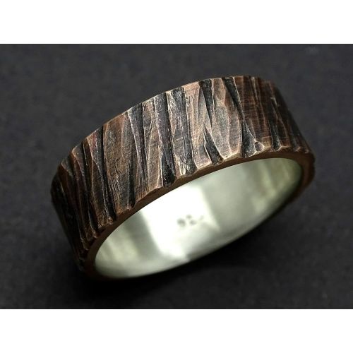  CrazyAss Jewelry Designs bronze wedding ring men, cool mens ring bronze silver, rugged bronze ring, carved ring band two tone, bronze anniversary gift for him