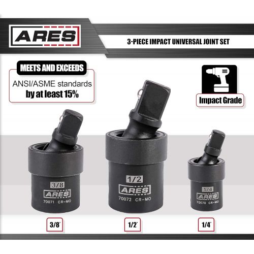  ARES 70073-3-Piece Impact Universal Joint Set - 1/4-Inch, 3/8-Inch and 1/2-Inch Drive Chrome Moly U Joint Sockets Access Hard to Reach Fasteners