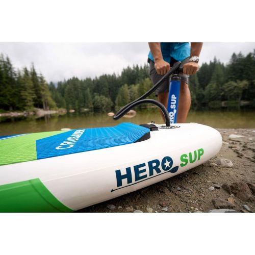 인플레터블 Hero SUP 112 Crusader Inflatable SUP All-Around Stand Up Paddle Board, Rolling Backpack, 3-Piece Paddle, 3 Removable Fins, Dual Action Hand Pump, Includes New 10 Leash & 15L Dry Ba