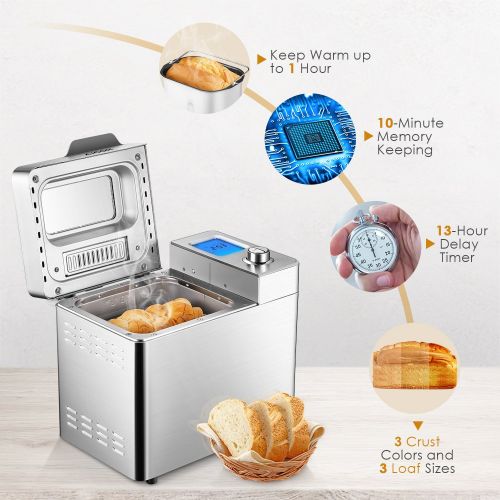  AICOK Custom Loaf Bread Maker, Aicok 25 Programs Gluten Free Bread Machine with One-Knob-Operation, Large-Sized LED Display, Visual Menu, Removable Fruit and Nut Dispenser, Fully Stainle