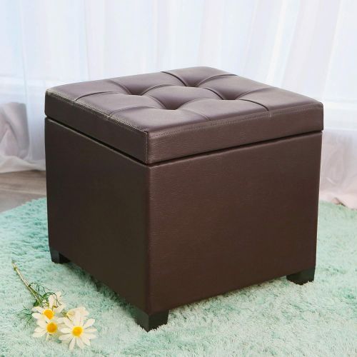  SONGMICS 15 x 15 x 15 Inches Storage Ottoman Cube With Hinged Lid Footrest Stool Coffee Table, Holds Up to 660lb, Faux Leather, Brown ULSF60Z
