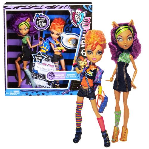  MH Year 2011 Monster High Diary Series 2 Pack 11 Inch Doll Set - Daughters of The Werewolf CLAWDEEN Wolf and HOWLEEN Wolf with Pet Cushion Hedgehog, Paw-Shaped Backpack and Diary o