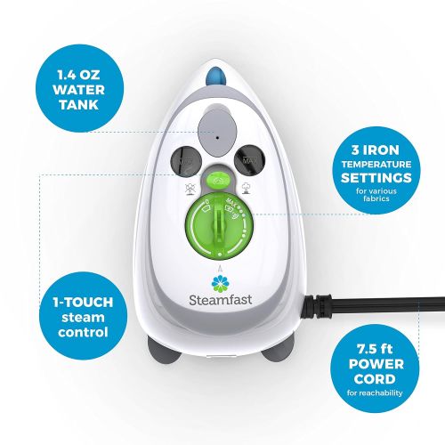  Steamfast SF-717 Mini Steam Iron with Dual Voltage Travel Bag, Non-Stick Soleplate, Anti-Slip Handle, Rapid Heating, 420W Power, White
