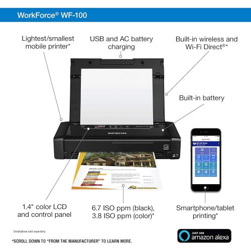 엡손 Epson WorkForce WF-100 Wireless Mobile Printer, Amazon Dash Replenishment Enabled