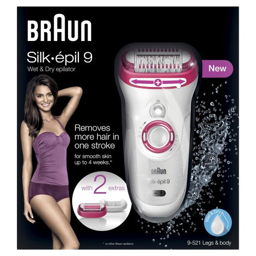 브라운 Braun Silk-epil 9 9-521 Womens Epilator, Electric Hair Removal, Cordless, Wet & Dry, WhitePink (Packaging May Vary)