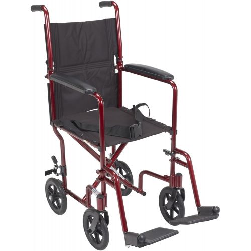  Drive Medical Deluxe Lightweight Aluminum Transport Wheelchair, Red, 17