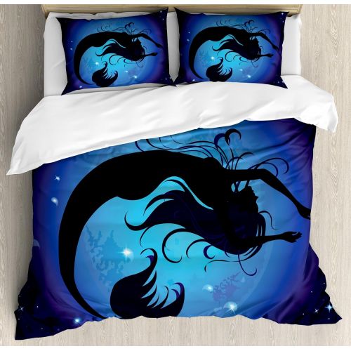  Ambesonne Mermaid Duvet Cover Set, Silhouette of Aquatic Girl on Moon Sky Background Fictional Print, Decorative 3 Piece Bedding Set with 2 Pillow Shams, King Size, Purple Black
