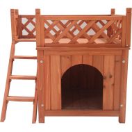 ALEKO DH28X20X25WD Wooden Cedar Pet Home for Small Pets Dogs Cats Side Steps and Balcony Kennel Lounger 28 x 20 x 25 Inches