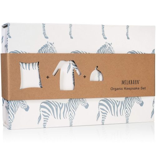  Milkbarn Organic Newborn Gown, Hat and Swaddle Blanket Keepsake Set, Grey Zebra