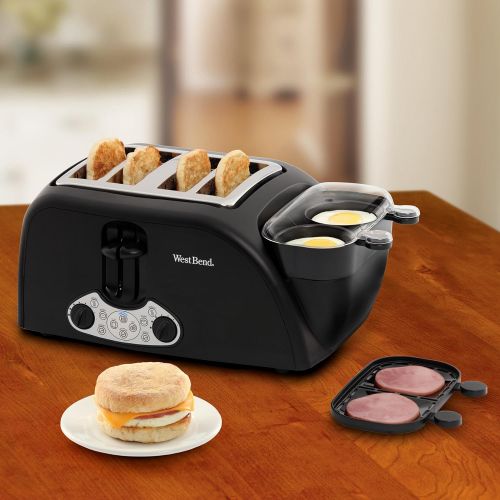  West Bend TEM4500W Quick Egg Bagel and Muffin Wide Slot Toaster with Removable Crumb Tray Features Meat or Vegetable Warming Tray with Egg Cooker and Poacher, 4-Slice, Black