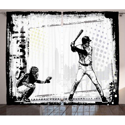  Ambesonne Sports Decor Collection, Baseball Themed American Sport Team Rustic Design Silhouette Illustration Image, Living Room Bedroom Curtain 2 Panels Set, 108 X 84 Inches, Black