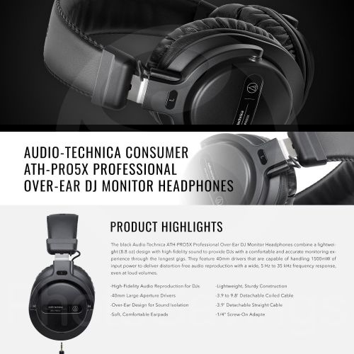 오디오테크니카 Audio-Technica ATH-PRO5XBK Professional On-Ear DJ Monitor Headphones with M-Audio Bass Traveler Headphone Amplifier, Xpix Headphone Case, and Fibertique Cloth
