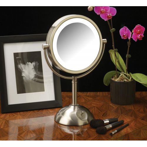  Jerdon HL8808NL 8.5-Inch Tabletop Two-Sided Swivel LED Lighted Vanity Mirror with 8x Magnification, 3-Light Settings, Nickel Finish