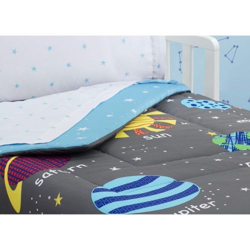  Delta Children Toddler Bedding Set | Boys 4 Piece Collection | Fitted Sheet, Flat Top Sheet w/Elastic Bottom, Fitted Comforter w/Elastic Bottom, Pillowcase, Galaxy Outer Space| Gre