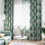 VOGOL Floral Leaves Printed Curtains, Blackout Window Panels Noise Reduction Restaurant Curtain Drapes for Bedroom Hotel Living Room, 2 Panels, W52 x L84 inch, Green