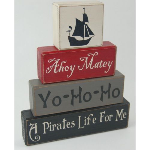  Blocks Upon A Shelf Ahoy Matey-Yo Ho Ho-A Pirates Life For Me - Primitive Country Wood Stacking Sign Blocks Pirate Theme Kids Boys Pirate Birthday Pirate Nursery Room Home Decor