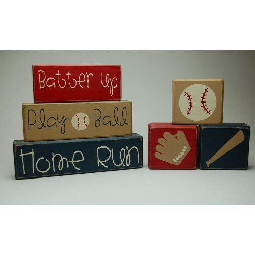  Blocks Upon A Shelf Primitive Country Wood Stacking Sign Blocks Baseball Collection Boys Sports Room Decor Batter Up-Play Ball-Home Run Nursery Room-Birthday-Baby Shower Decor