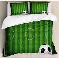 Lunarable Sports Duvet Cover Set, Green Grass Field Soccer Playground with The Ball Scheme Stripes Strategy, Decorative 3 Piece Bedding Set with 2 Pillow Shams, Queen Size, White a