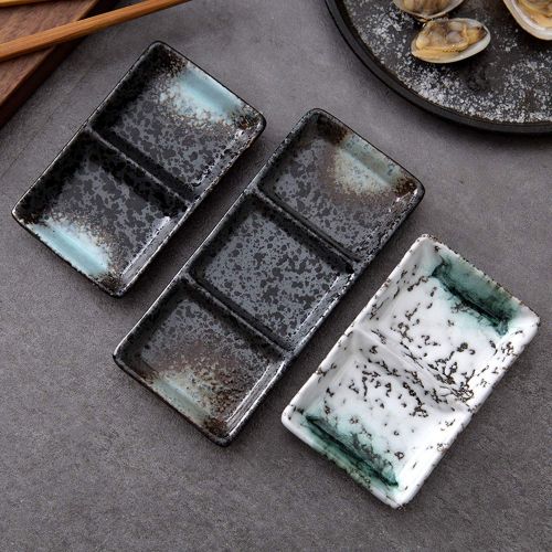  Pretty-sexy-toys Rectangular Ceramic Tray Divided Sauce Dish Sushi Plate Dinner Plates Ceramic Plate,3 Grids Black