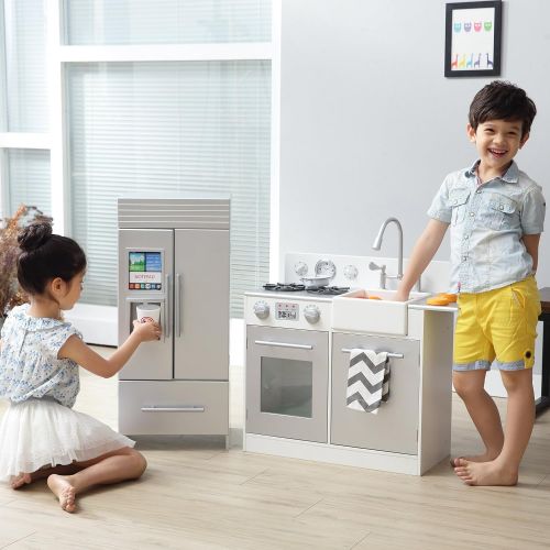 Teamson Kids - Modern Wooden Play Kitchen Set with Working Ice Maker and Removable Sink - Silver Grey