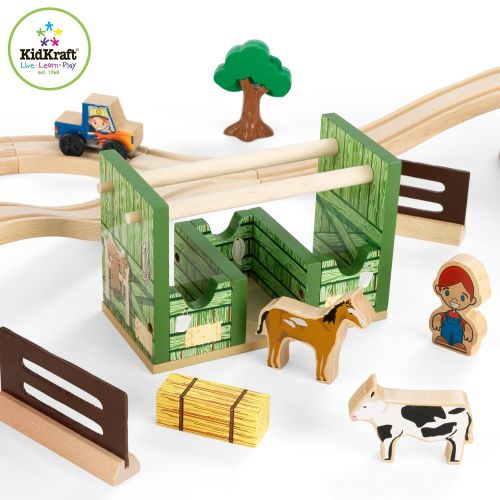 키드크래프트 KidKraft Wooden Rural Farm Train Set with 75Piece, Childrens Toy Vehicle Playset