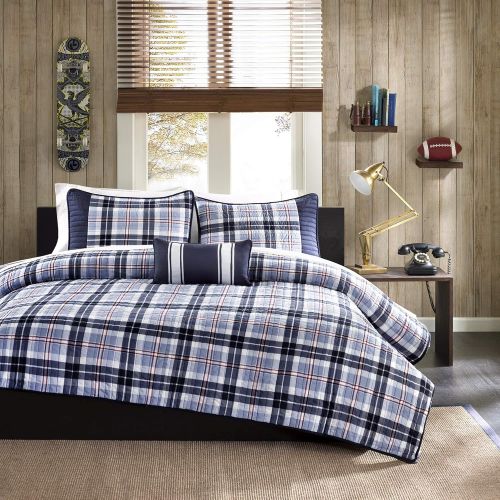  Mi-Zone Elliot FullQueen Size Teen Boys Quilt Bedding Set - Navy, Plaid  4 Piece Boys Bedding Quilt Coverlets  Peach Skin Fabric Bed Quilts Quilted Coverlet