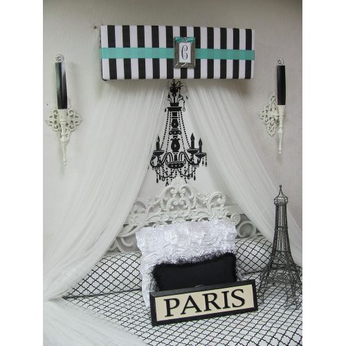  So Zoey Boutique Bed Canopy Crown Valance TIFFANY Blue Princess French Paris Stripe Pink Black White Upholstered SALE