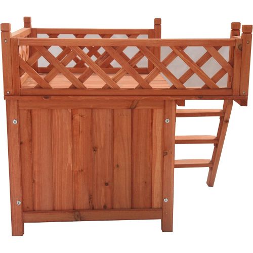  ALEKO DH28X20X25WD Wooden Cedar Pet Home for Small Pets Dogs Cats Side Steps and Balcony Kennel Lounger 28 x 20 x 25 Inches