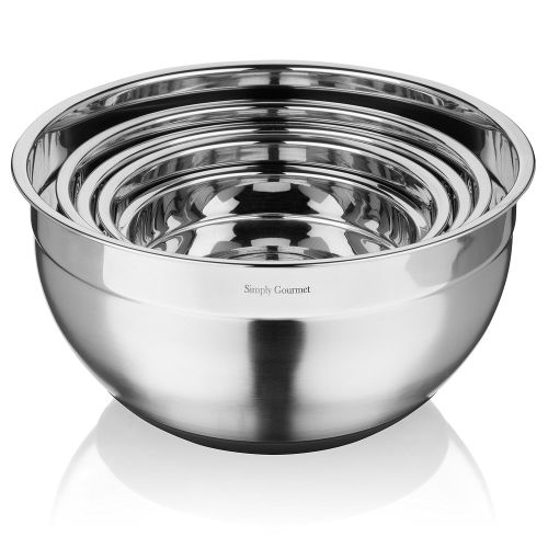  Premium Mixing Bowls with Lids - by Simply Gourmet. Stainless Steel Mixing Bowl Set Contains 5 Bowls with Airtight Lids, Non-Slip Bottoms, and a Flat Base for Stable Mixing. Bowls