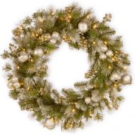 National Tree Company National Tree 24 Inch Glittery Pomegranate Pine Wreath with Sliver Pomegranate, Champagne Berries, White Frosted Tips and 50 Battery Operated Warm White LED Lights with Timer (GTP1