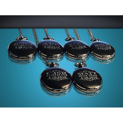  Eternity Engraving 6 Pocket watches, Silver Groomsmen pocket watch gift set of 6. Box included, chain and engraving is included.