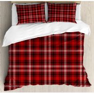 Girls bedding Ambesonne Plaid Duvet Cover Set, Nostalgic Striped Pattern from British Country with Constrasting Colors, Decorative 3 Piece Bedding Set with 2 Pillow Shams, Queen Size, Scarlet Bl