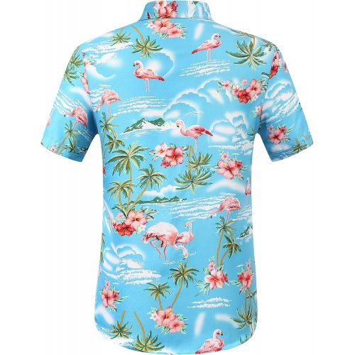  SSLR Mens Flamingos Casual Short Sleeve Aloha Hawaiian Shirt