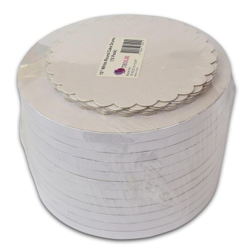  TROLIR 10 Inch White Round Cake Drums, 12 Pack, 1/2 Inch Thick, Smooth Edge, Sturdy and Greaseproof Boards Made of Corrugated Paper, Covered With Beautiful Flower Pattern, Bonus - 6 Scall