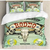 Ambesonne Western Duvet Cover Set, Retro Style Rodeo Championship Poster Bull Skull Large Horns with Banner Grungy, Decorative 3 Piece Bedding Set with 2 Pillow Shams, King Size, S