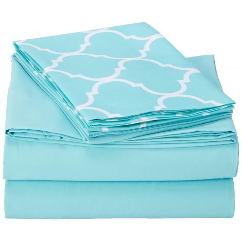  Chic Home Illusion 4 Piece Sheet Set Super Soft Solid Color Deep Pocket Design - Includes Flat & Fitted Sheets and Bonus Printed Geometric Pattern Pillowcases Twin Turquoise